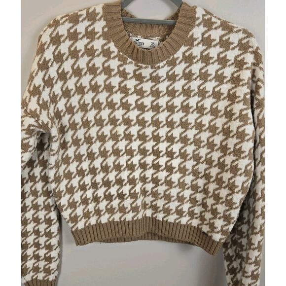 Hollister Sweaters - Hollister Houndstooth Dark Tan and Ivory Cropped Sweater XS Preppy Classic Sexy